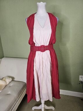 Collectif Pink and Red Sleeveless V-Neck Belted Midi Dress